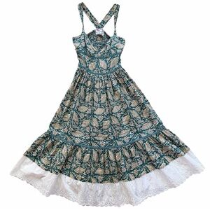 VTG Free People Green Empire Waist Floral Sundress Midi Boho Tiered Size 2